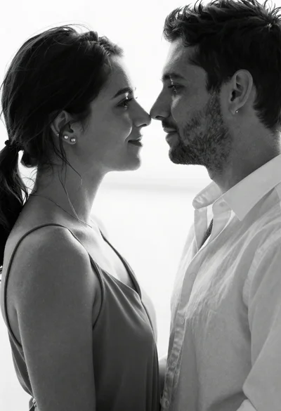Black and white close up portrait of a couple in intimate embrace