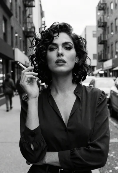 Medium close up portrait of woman on city street in black and