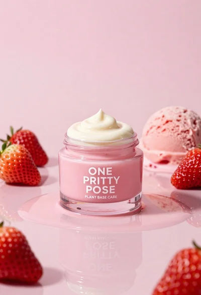 Glossy pink cosmetic jar with cream surrounded by strawberries and ice cream