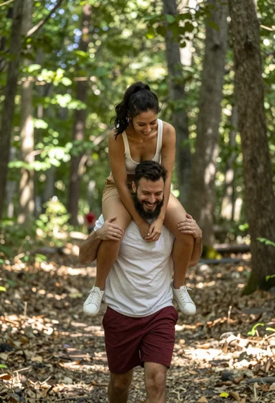 Joyful couple piggyback ride in sun dappled forest on dirt path