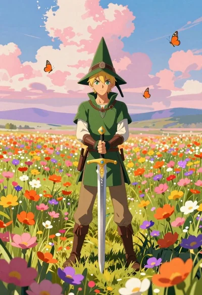 Heroic man in field of colorful flowers under pink clouds