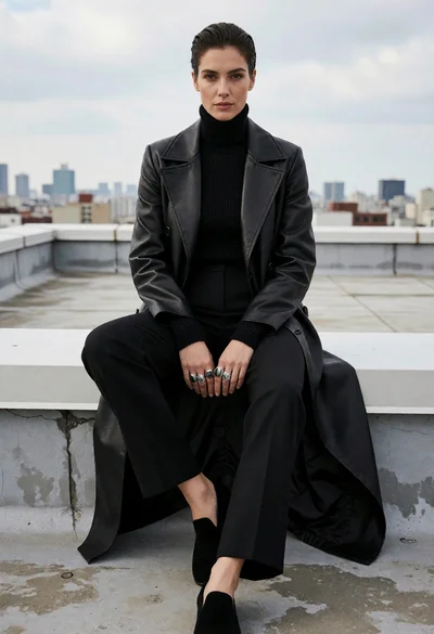 Woman in all black leather trench coat on concrete rooftop overlooking city