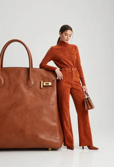 Young woman in burnt orange outfit holding miniature bag near large leather