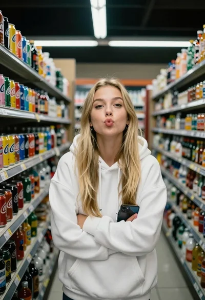 Young woman with long blonde hair in white hoodie holding smartphone