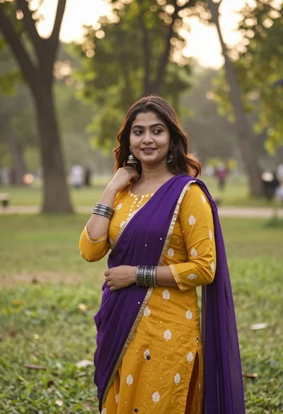 Young woman in mustard kurta standing in sunlit park with flowing dupatta