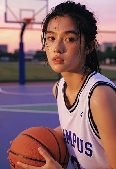 Extreme close up portrait of east asian woman holding basketball at sunset