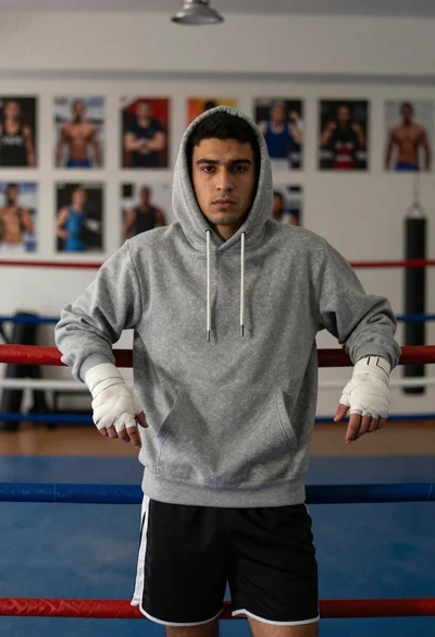 Young man in grey hoodie leaning on boxing ring ropes indoors