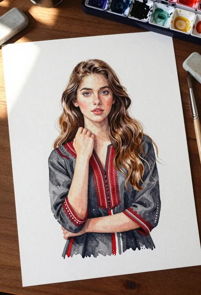 Watercolor portrait of young woman with brown hair on a wooden desk