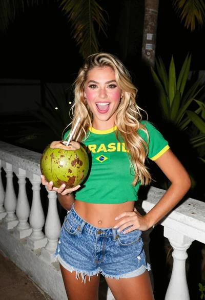 Young blonde woman outdoors at night holding green coconut drink