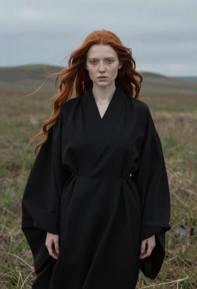 Woman in black robe standing in open field
