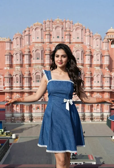 Young woman in denim dress standing on balcony before hawa mahal