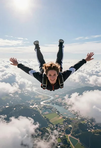 Young woman in black jumpsuit freefalling through clouds with arms outstretched