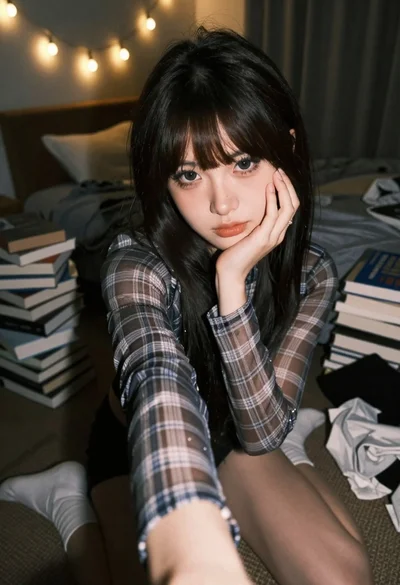 Young woman selfie in dimly lit messy bedroom