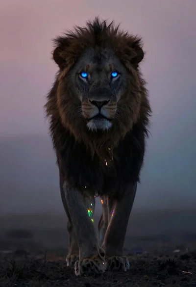 Lion silhouette in misty void with blue glowing eyes