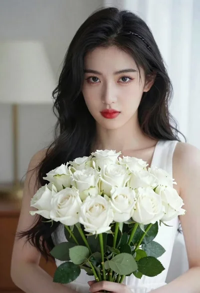 Portrait of young woman with black hair holding white roses bouquet