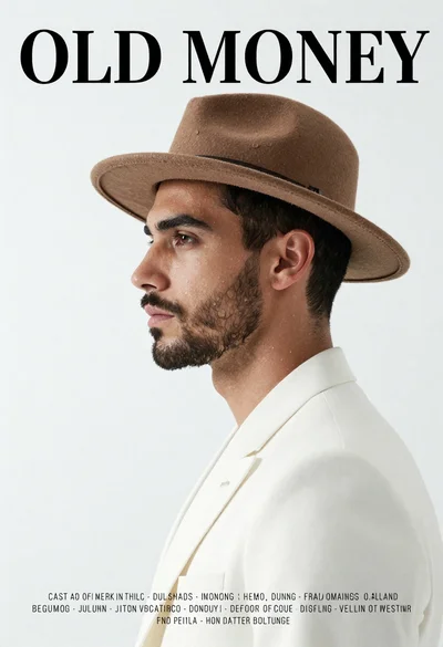 Handsome man in white suit and fedora profile portrait against white background