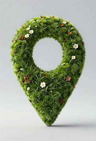 Moss map location pin on a white studio floor