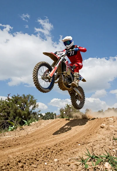 Motocross rider jumping dirt bike over mound under bright blue sky