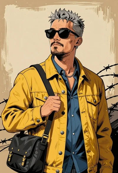 Rugged man in mustard jacket with grey hair against textured background