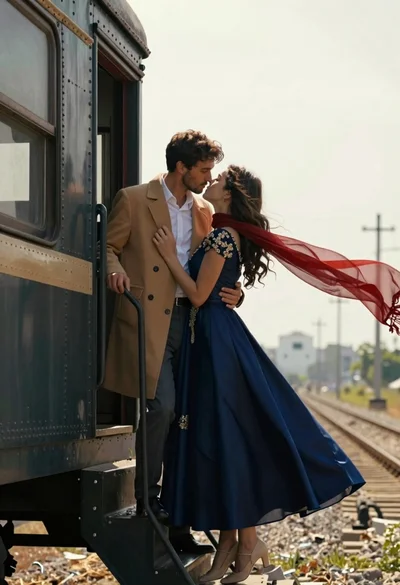 Romantic couple embracing on the steps of a vintage train car