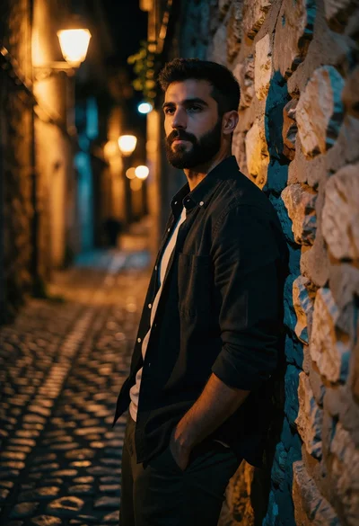 Young man leaning against stone wall in narrow cobblestone alley at night