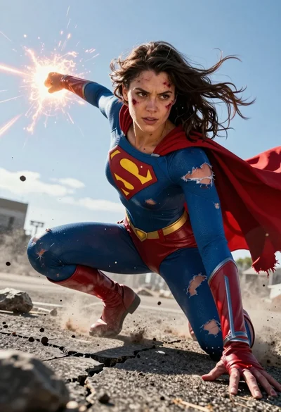 Hyperrealistic low angle shot of superhero crouching on cracked asphalt debris