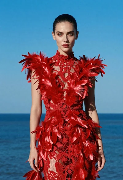 Portrait of woman in elaborate red feathered gown against vivid blue background