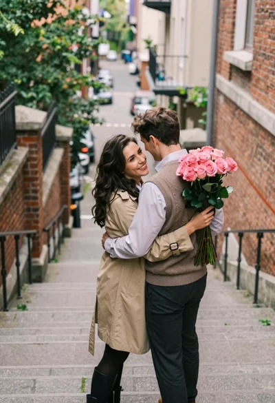 Romantic couple embracing on stone staircase in urban setting