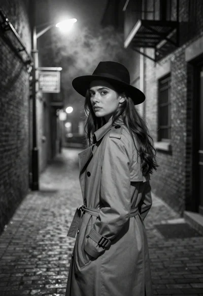Young woman in trench coat looking over shoulder in dark brick alley