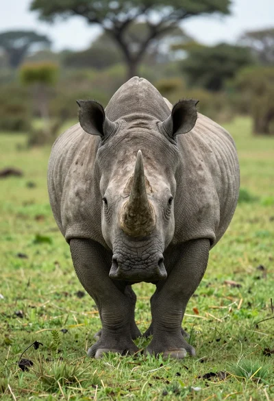 Massive rhinoceros standing in a lush green grassy plain savanna habitat