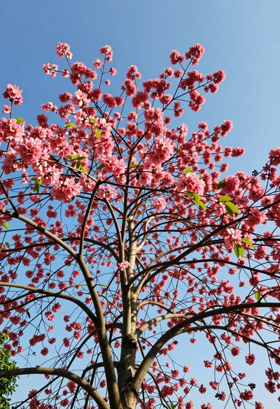 Low angle view looking up into flowering tree canopy against bright blue sky