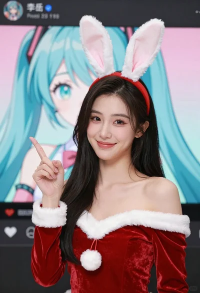 Young woman pointing up in red velvet dress against anime character backdrop
