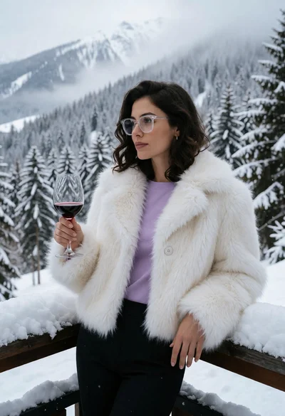 Woman on snowy balcony overlooking misty pine mountain range at overcast day