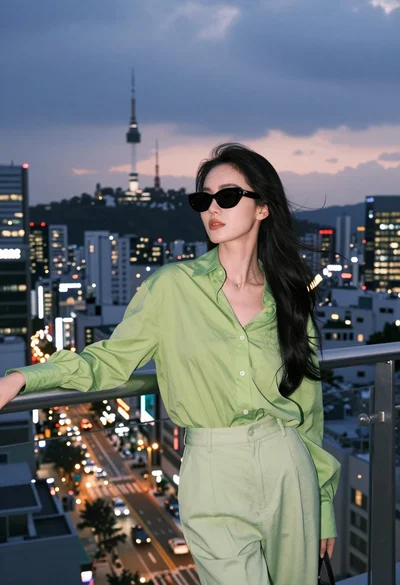 Stylish woman in lime green leaning on railing overlooking city skyline at