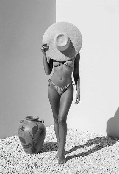 Woman with hat next to ceramic vase on pebbled ground