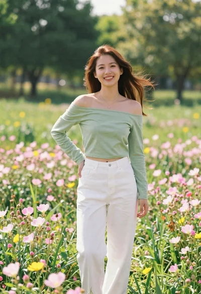 Smiling young woman in green top standing in wildflower meadow