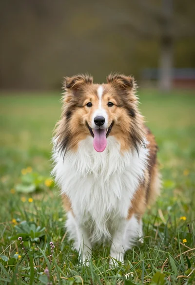 Happy shetland sheepdog standing in vibrant green grass field outdoors