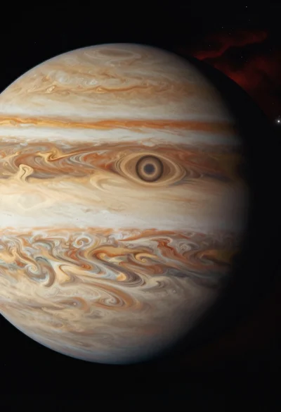 Majestic gas giant planet with swirling storm eye in deep space