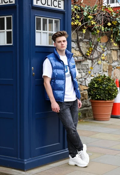 Young man leaning against blue police box outdoors with plants and cones