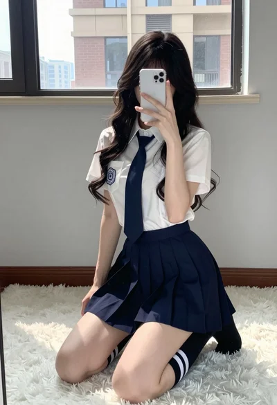 Young woman in school uniform taking mirror selfie kneeling on white rug