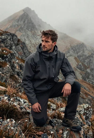 Fit young man kneeling on rocky mountain ridge with misty peaks behind