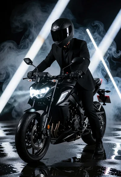 Man in black suit sitting on motorcycle under dramatic studio lighting