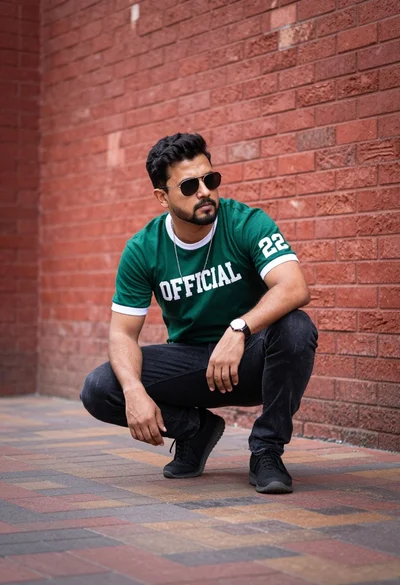 Man crouching low on brick pathway against textured red brick wall