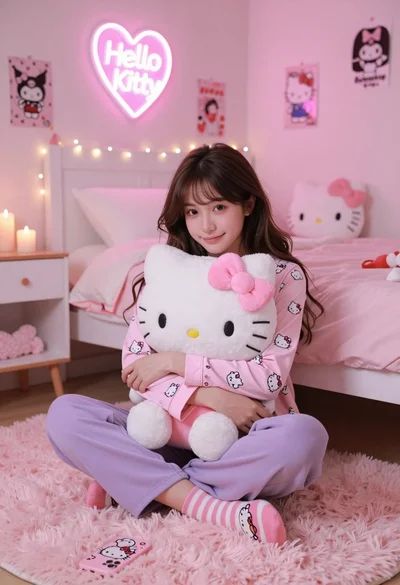 Young woman in hello kitty pajamas sitting on pink rug in decorated