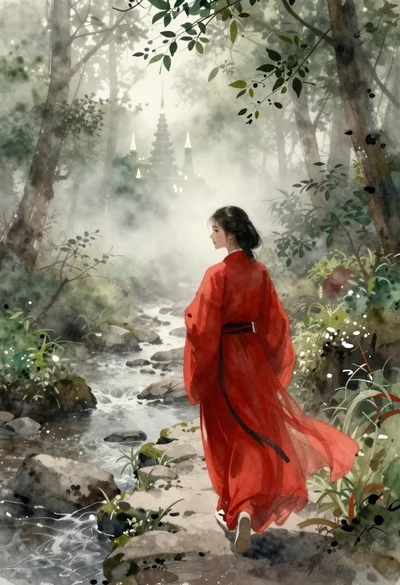 Woman in red robes walking through misty forest path