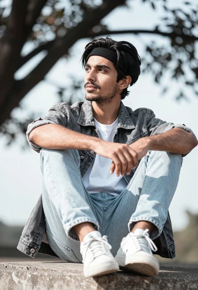 Young man sitting on concrete ledge outdoors with blurred tree branches background