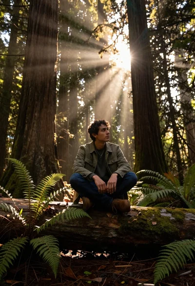 Young man sitting on log in redwood forest during golden hour
