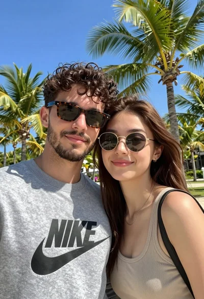 Couple taking a selfie outdoors near palm trees under bright sunlight