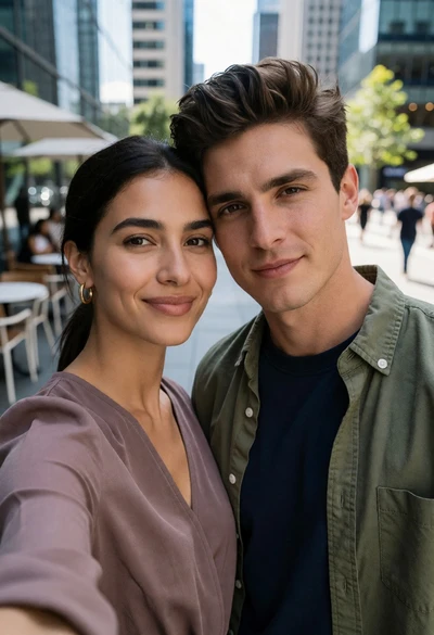 Couple taking a selfie on a modern city street with glass buildings