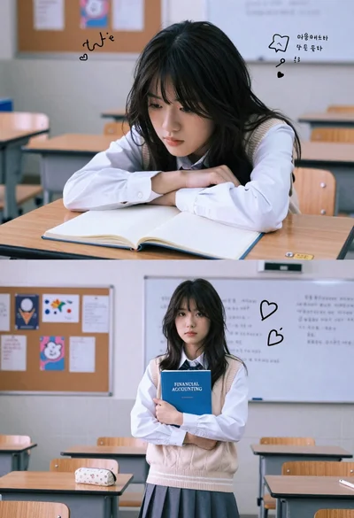 Young woman in classroom with textbook and doodles split screen collage